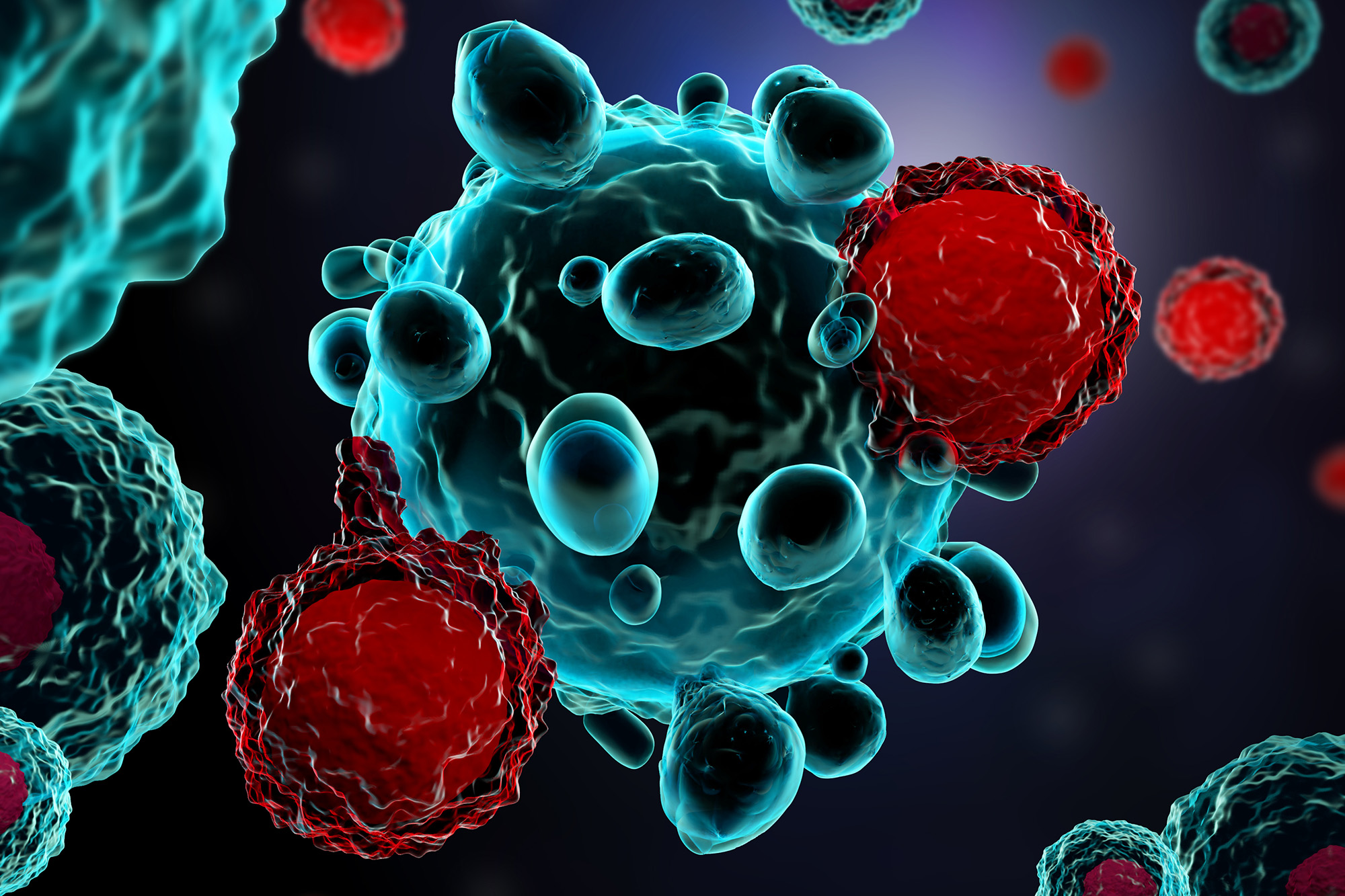 a rendering of T cells attacking cancer cells
