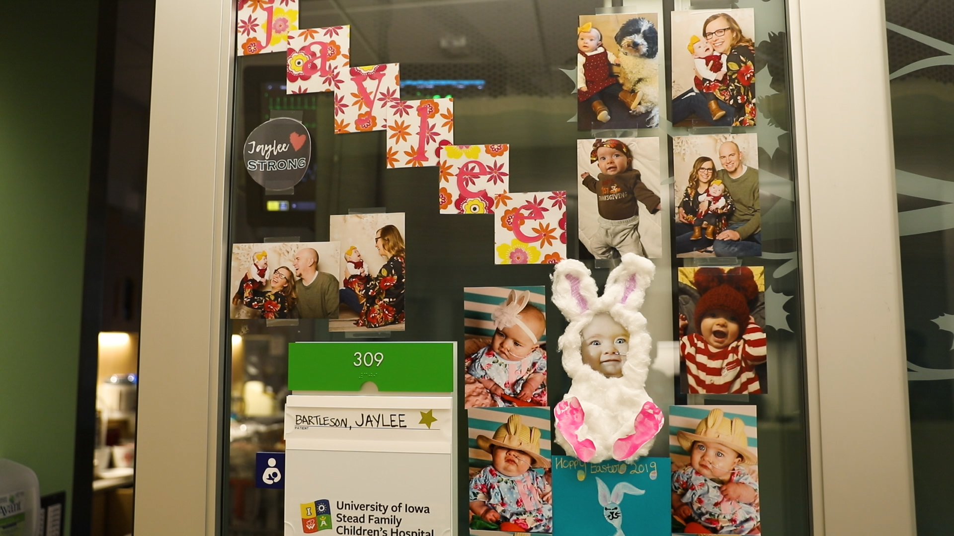 photos of Jaylee and her family, decorating her room at the intensive care unit at University of Iowa Hospitals and Clinics