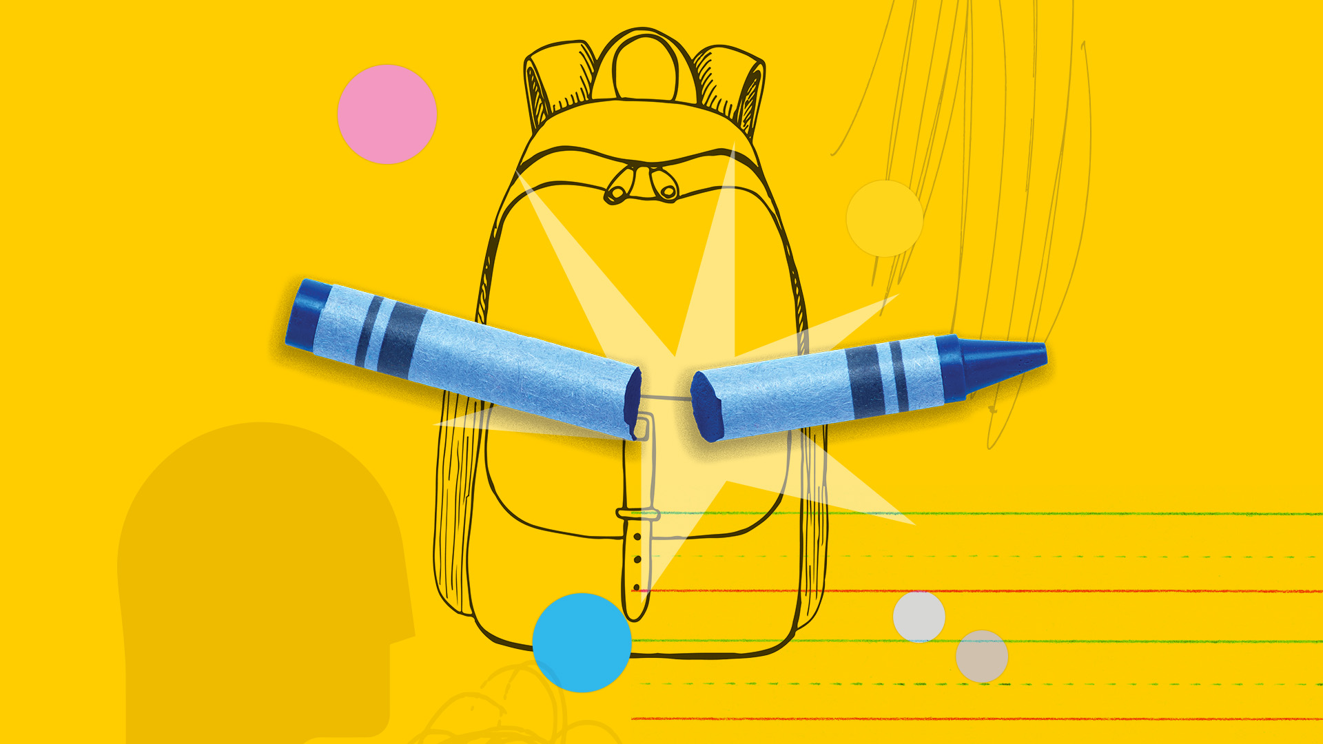 an illustration showing a backpack, a broken crayon, and lined paper
