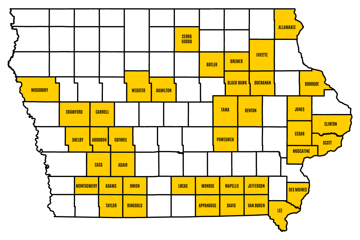 map of Iowa with specific counties named and shaded gold