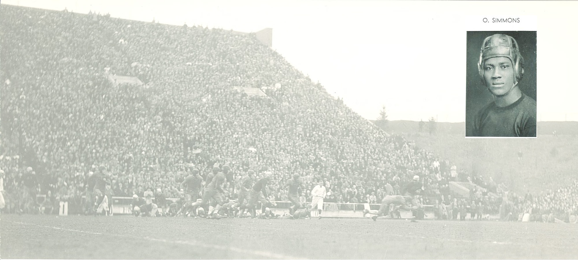 Ozzie Simmons' yearbook photo inset within a photograph from the 1935 football game between Iowa and Minnesota