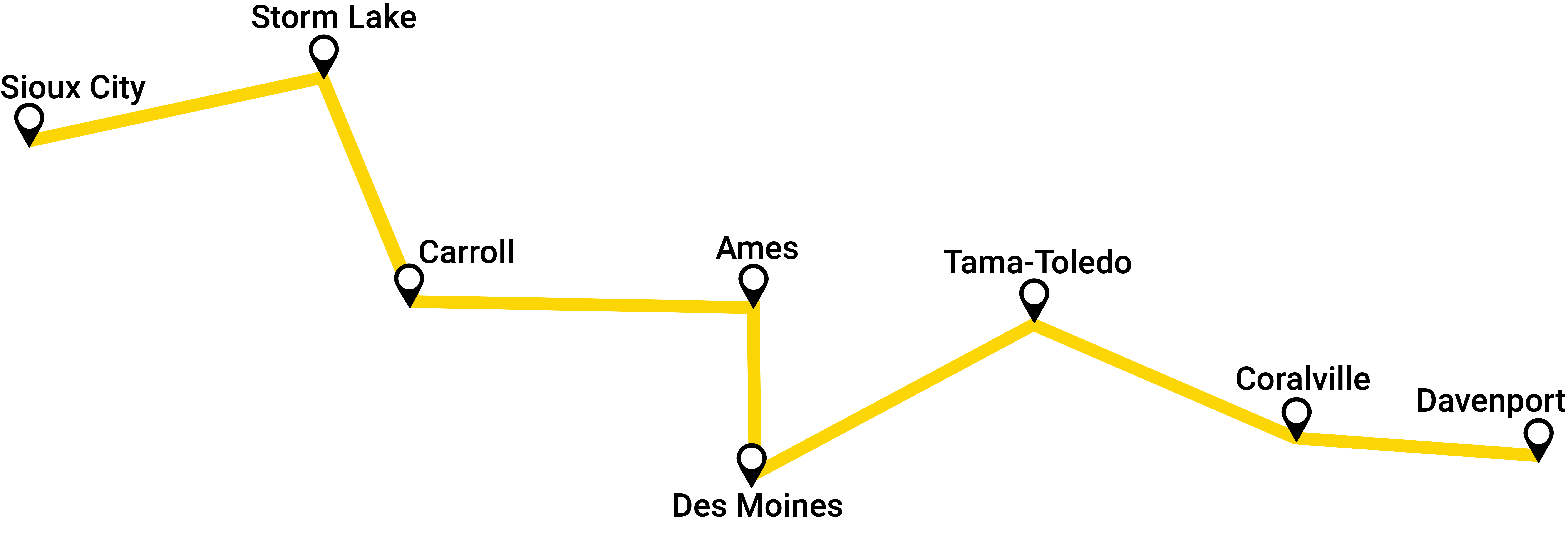 the 2023 ragbrai route, with pins noting the start and end points and the sleepover communities