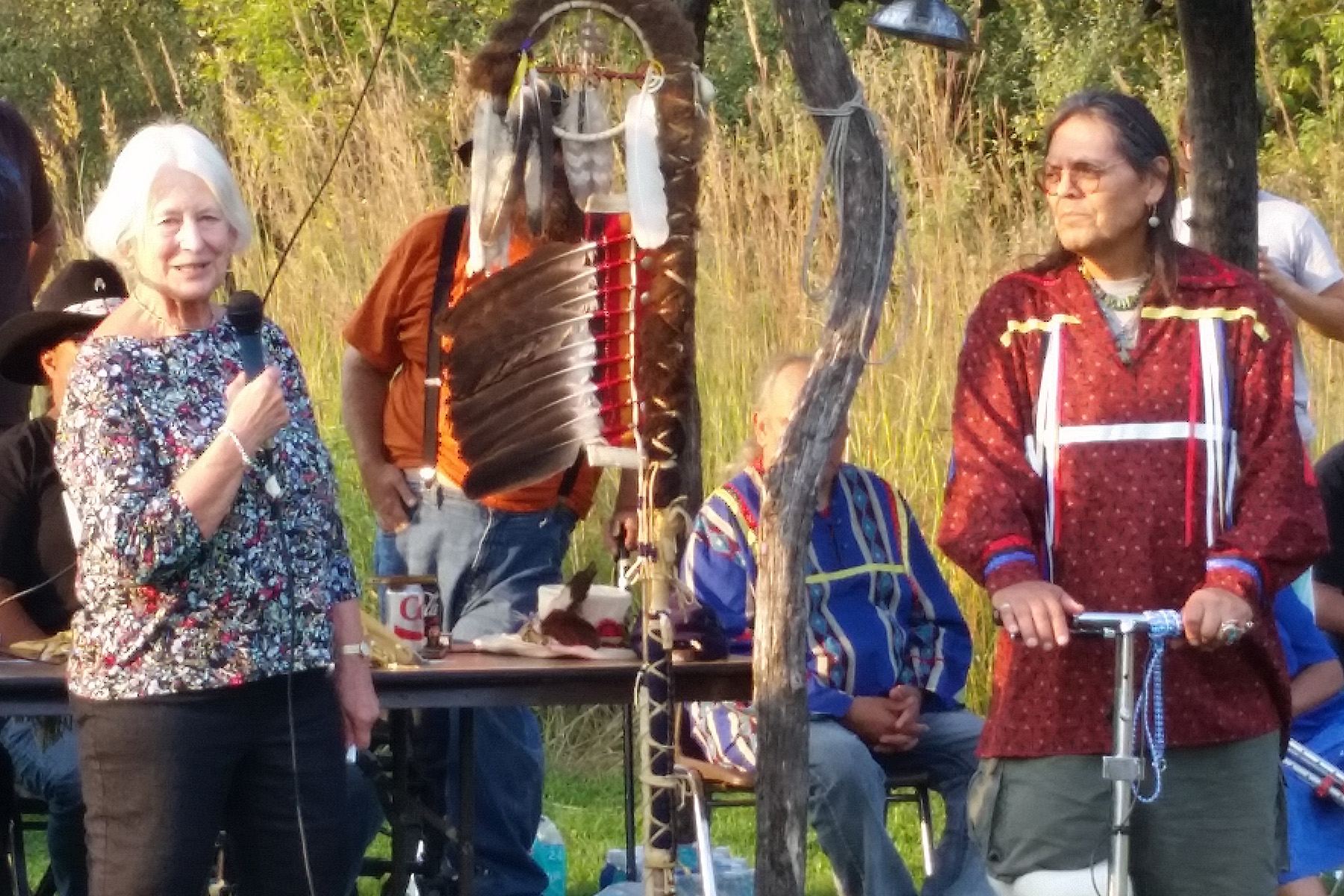 Shirley Schermer celebrating Howard Crow-Eagle’s contributions to Iowa burial mound protection and historic preservation, 2017