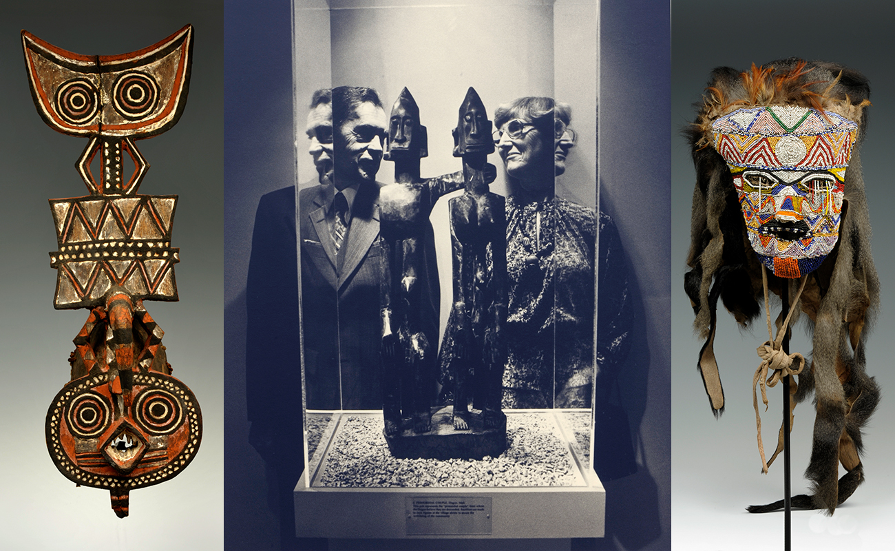 the stanleys and two masks they donated to the university of iowa museum of art