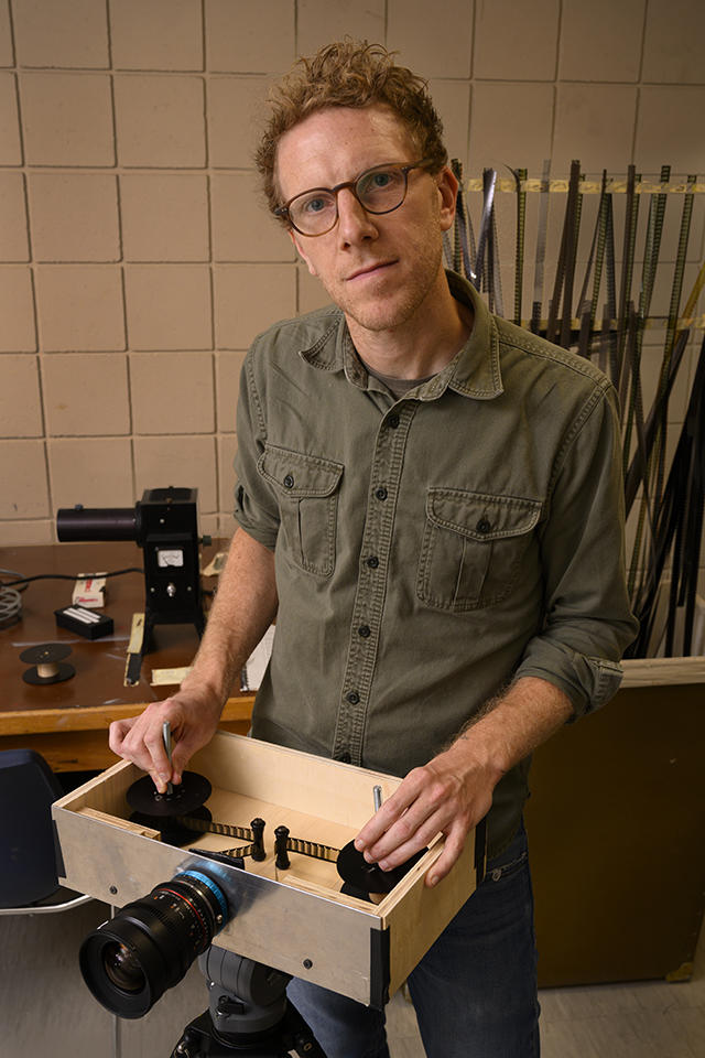 Michael Gibisser, assistant professor in the University of Iowa Department of Cinematic Arts. with his custom camera