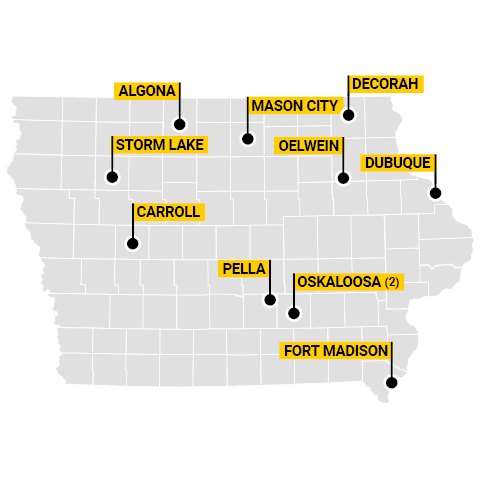 map of iowa with certain communities marked