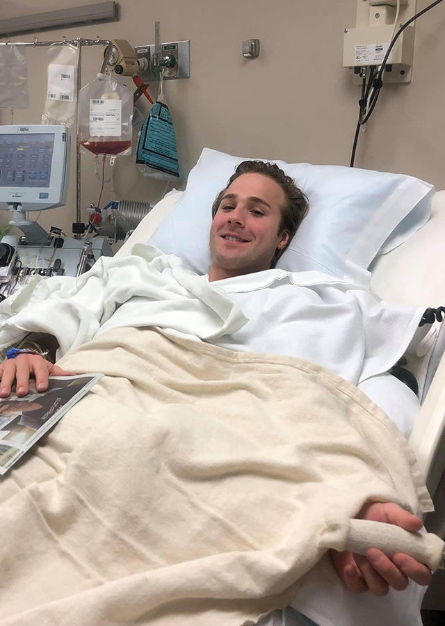 Sam Stephens in a health care facility to donate