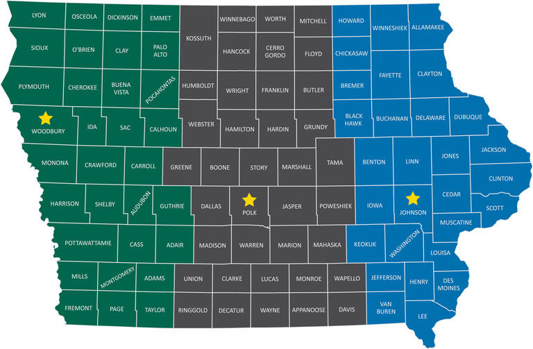 a map of iowa, showing the counties that each of the three SIM-Iowa trucks will cover