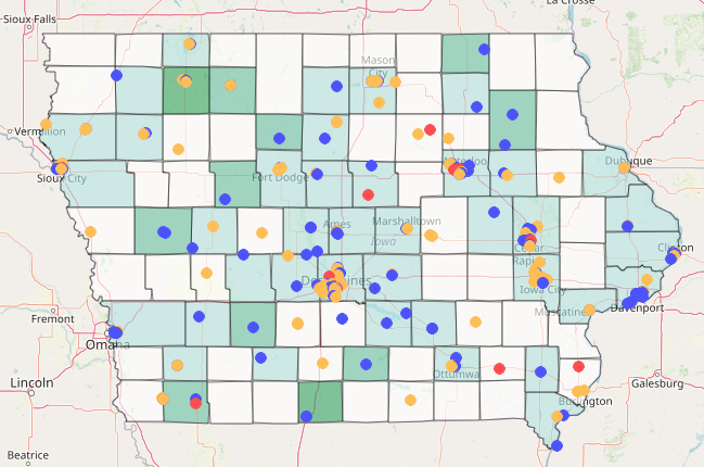 map of the state of iowa with certain communities marked with circles