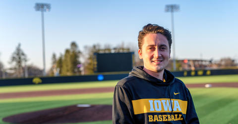 University of Iowa business analytics student and Iowa baseball staff member Sam Bornstein at Duane Banks Field