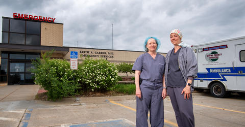 Valerie and Amanda McKinley standing outside the hospital in Corydon, Iowa