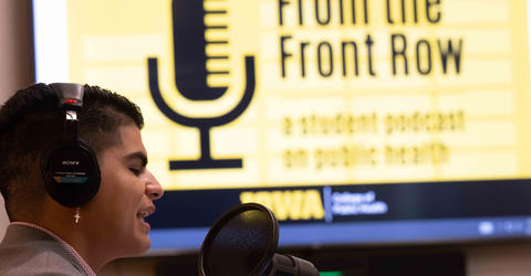 University of Iowa College of Public Health student Eric Ramos records an episode of From the Front Row podcast