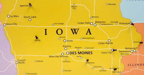a map of Iowa with pins in cities that are members of the Iowa Cancer Affiliate Network