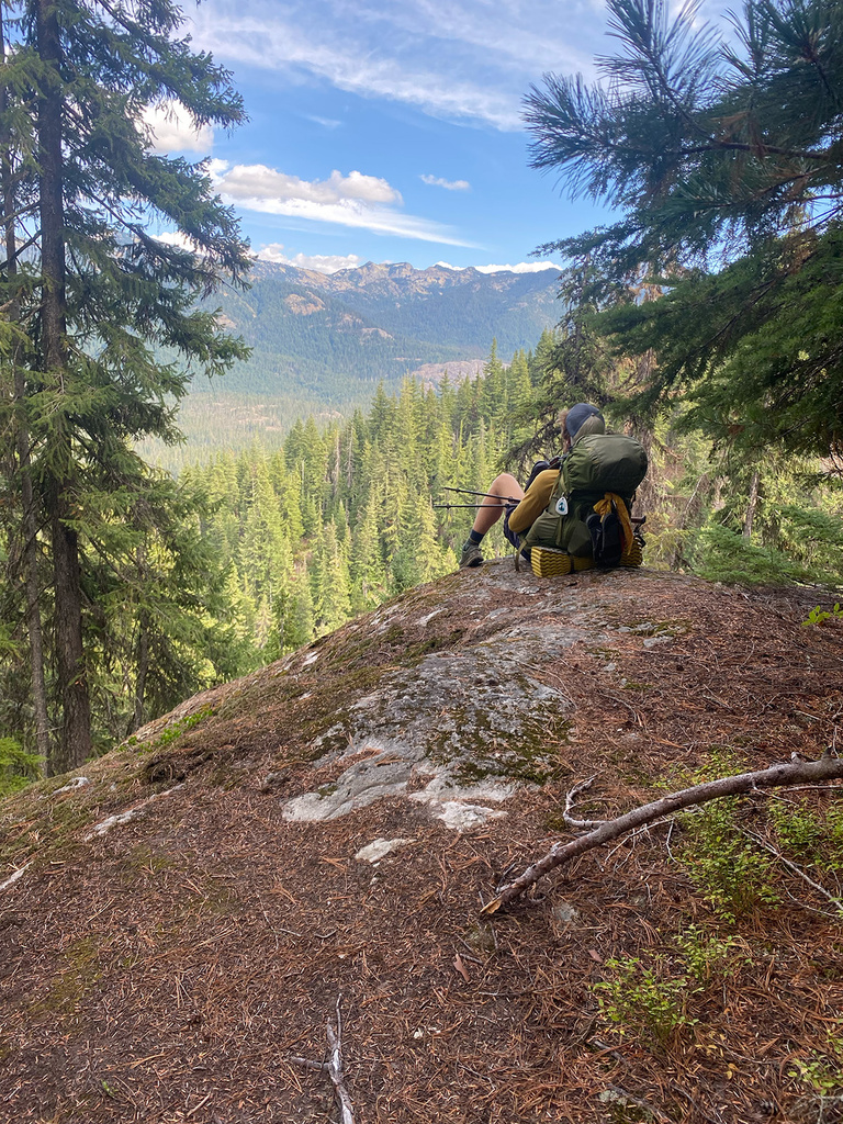 a man with his back to the camera, enjoying the view from a scenic outlook along the Pacific Crest Trail