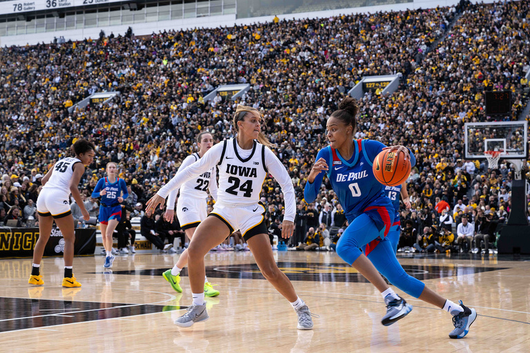 Gabby Marshall playing defense during Crossover at Kinnick