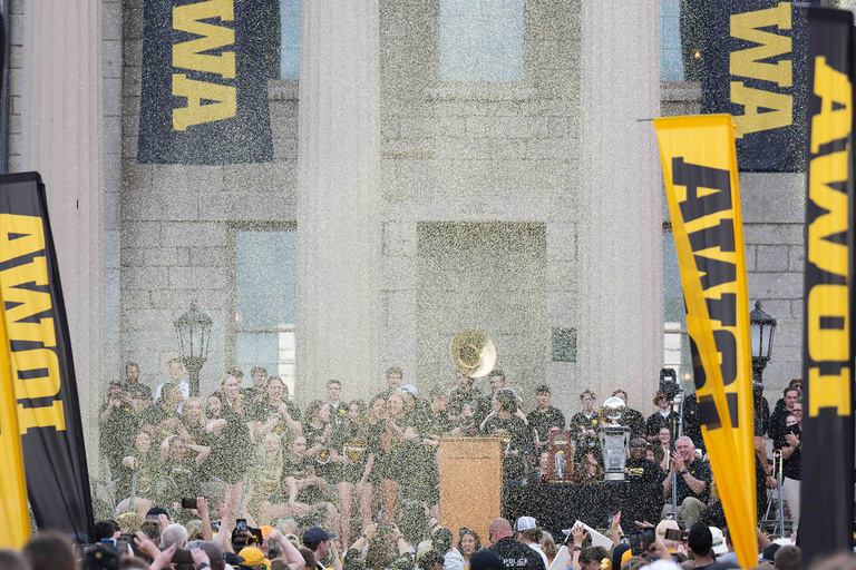 Confetti falling over a crowd of people