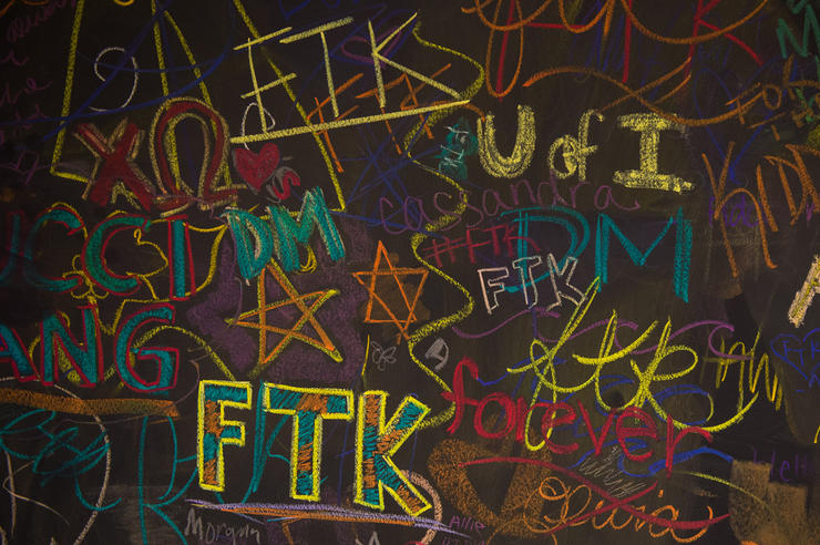 chalk art for University of Iowa Dance Marathon, including the slogan FTK, or "for the kids"