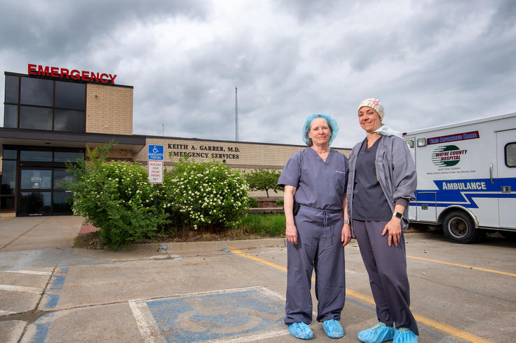 Valerie and Amanda McKinley standing outside the hospital in Corydon, Iowa
