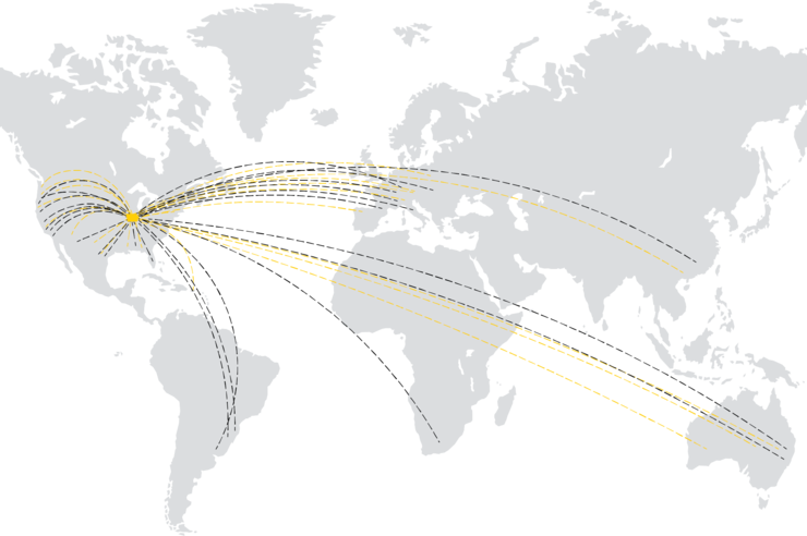 world map showing dashed lines from iowa city to points all over the world