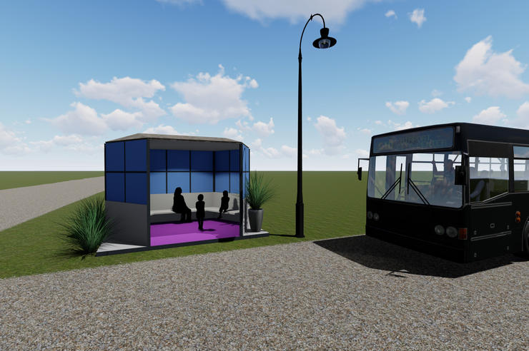 a preliminary rendering of the bus stop university of iowa engineering and art students are working on with officials in plymouth, iowa