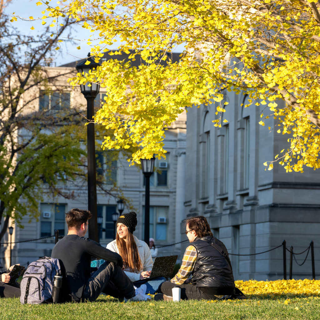 students gathered outdoors on the university of iowa campus