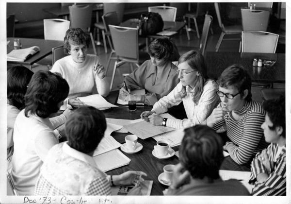 university of iowa women's athletic director christine grant meeting with coaches in 1973 archival photo