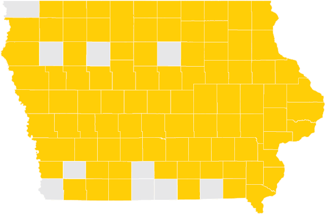 Map of Iowa with counties highlighted showing where Spring 2018 graduates are from