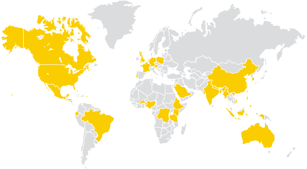 World map with countries highlighted showing where students are from