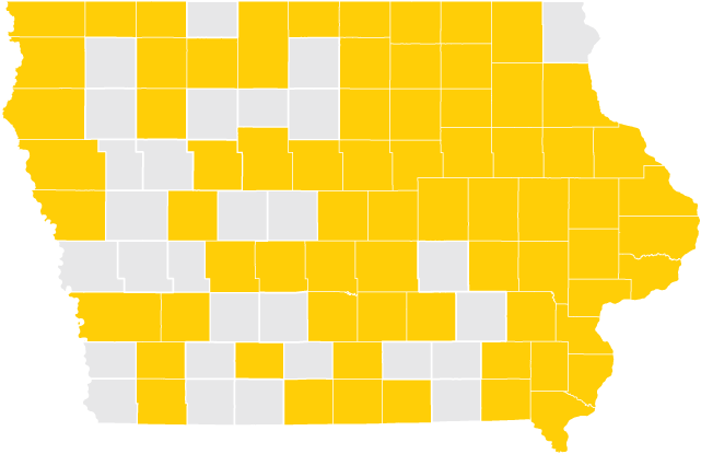 Map of Iowa with counties highlighted showing where December 2017 graduates are from