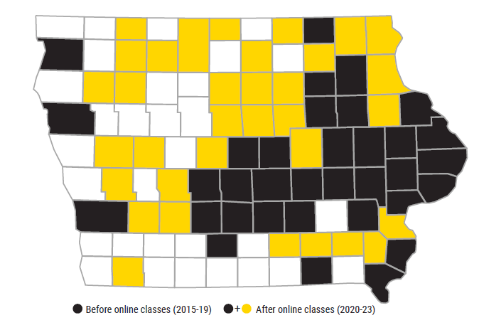 iowa map with certain counties shaded black and gold