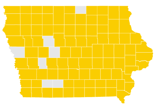 map of Iowa with 92 counties shaded gold