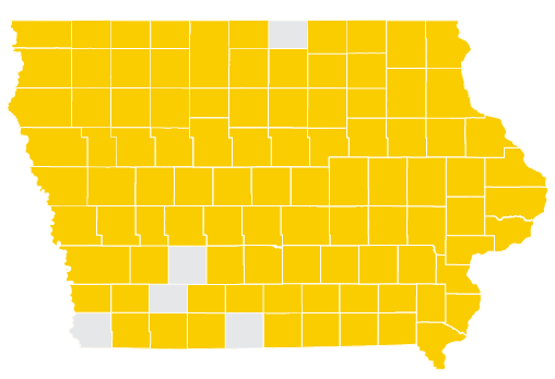 iowa map with 94 of 99 counties shaded gold