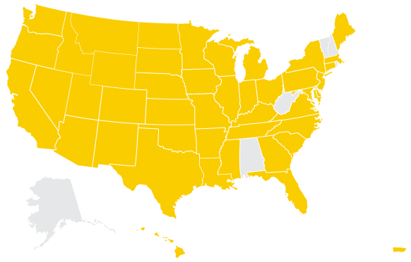 United States map with 45 states and territories shaded gold