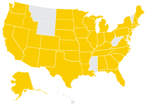 US map with 44 states shaded gold