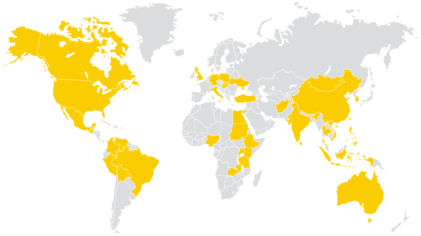 world map with 40 countries shaded gold