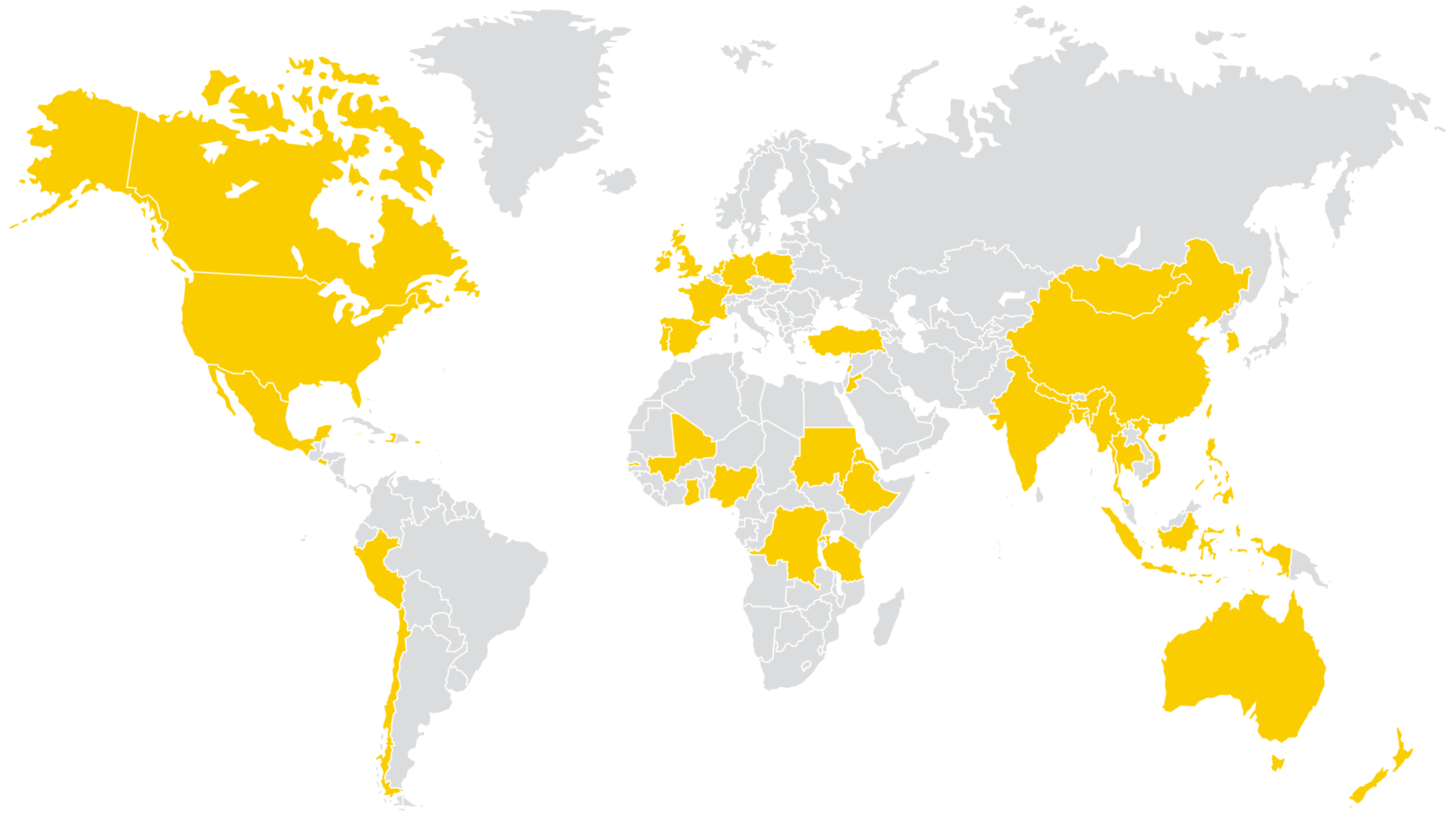 world map with certain countries shaded gold