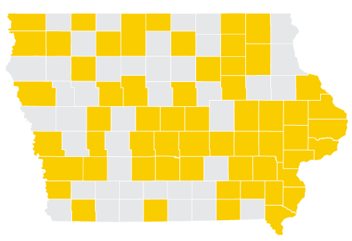 map of iowa with certain counties shaded gold