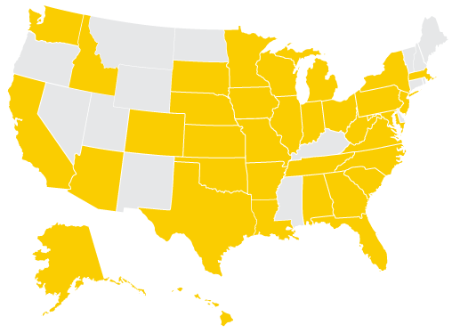 U.S. map with certain states shaded gold