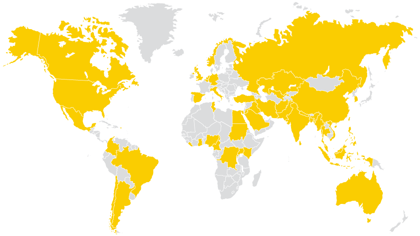 world map with certain countries shaded gold