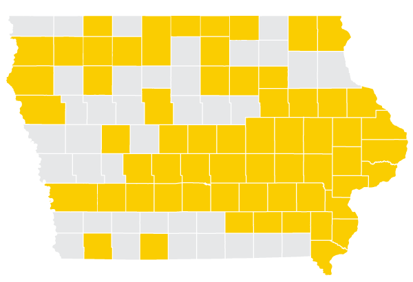 map of Iowa with certain counties shaded gold