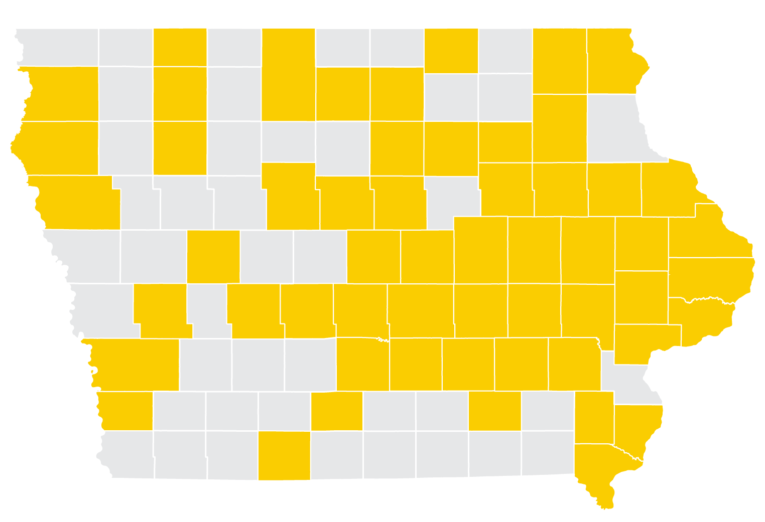 iowa map with certain counties shaded gold