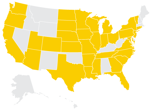 U.S. map with certain states shaded gold