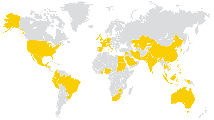 world map with certain countries shaded gold