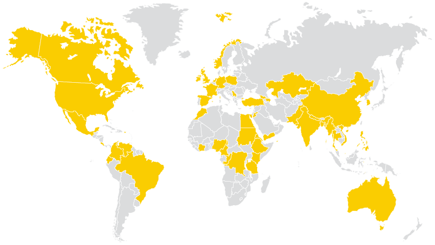 world map with certain countries shaded gold