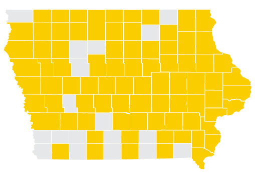 iowa map with certain counties shaded