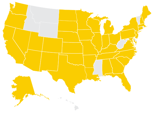 US map with certain states shaded gold
