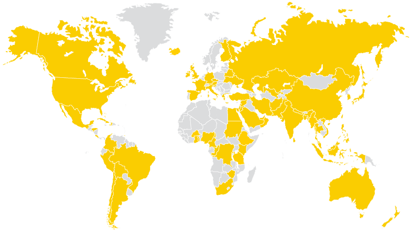 world map with certain countries shaded gold