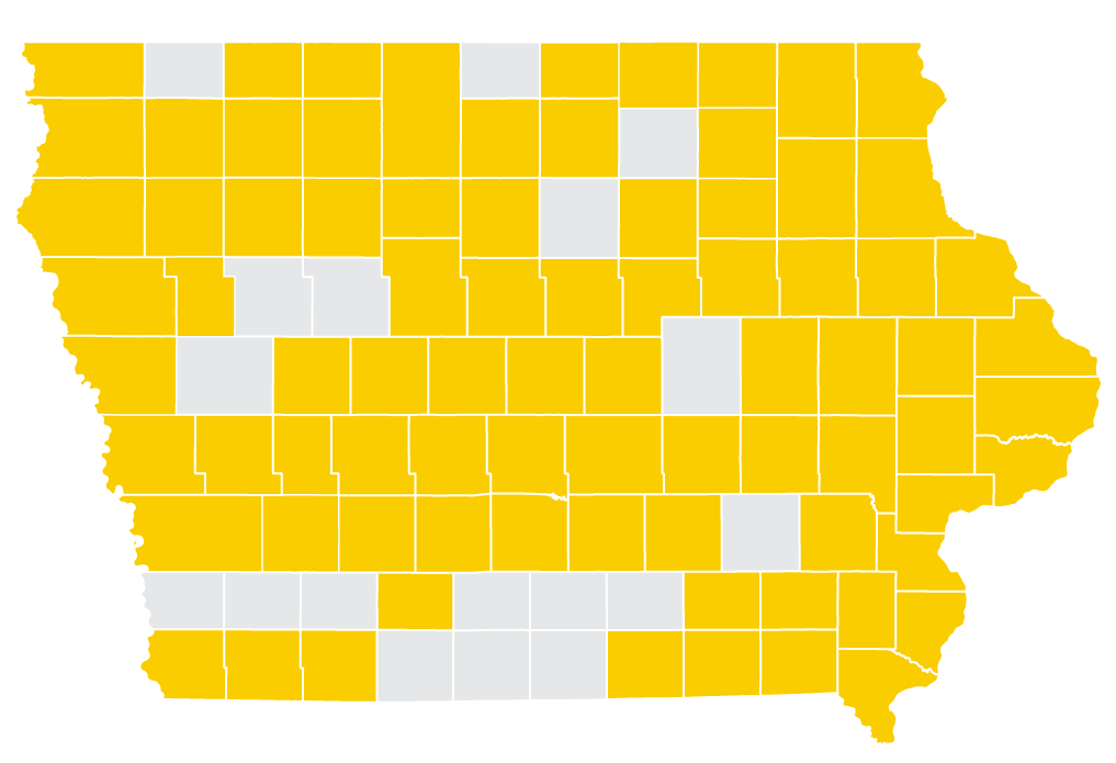Iowa map with certain counties shaded gold