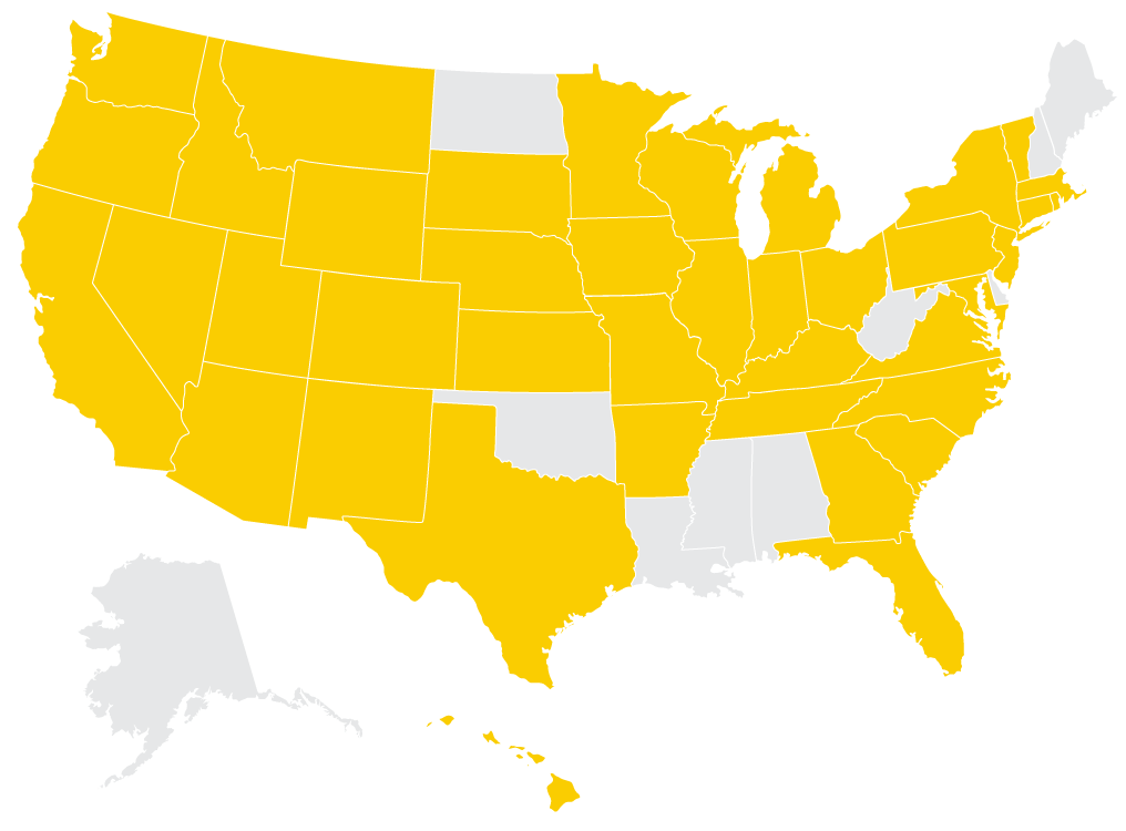 u.s. map with certain states shaded gold