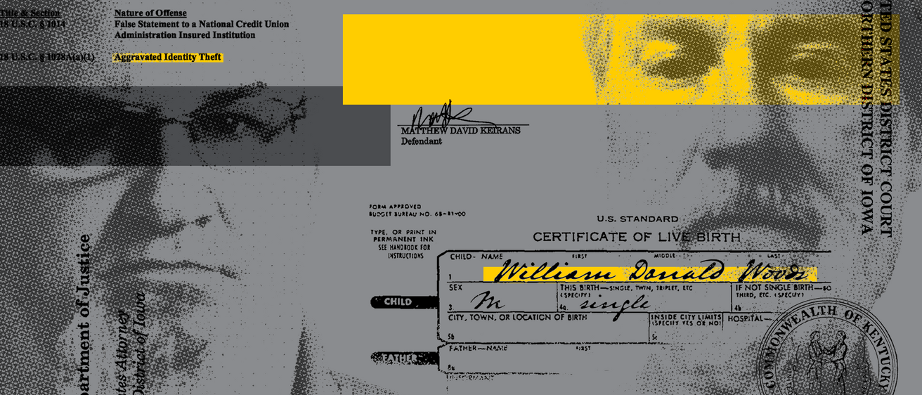 an illustration that partially shows the faces of two men, one of whom stole the identity of the other, and there are snippets of documents in view as well